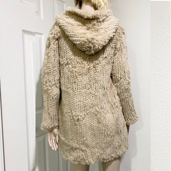 ADRIENNE LANDAU Real Rabbit Fur Beige Mid-length Full Zip Hooded Coat Size S - Picture 3 of 16